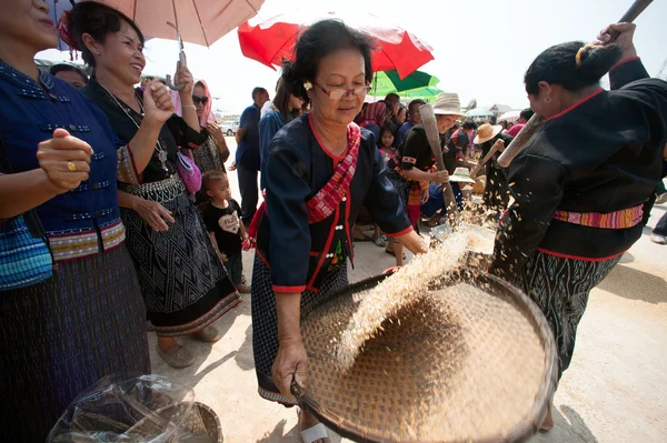 Phutai minoría mujer aventando arroz. —  Fotos de Stock