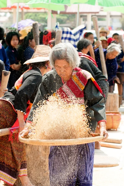 Phutai minoría mujer aventando arroz. —  Fotos de Stock