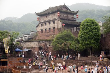 View of Bastion and the old city wall of Fenghuang ancient city.