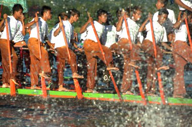 Peoples paddle by legs in Phaung Daw Oo Pagoda festival,Myanmar.