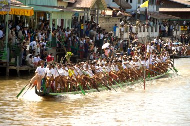 Peoples paddle by legs racing in Phaung Daw Oo Pagoda festival,M