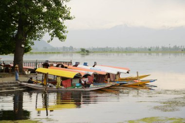 JAMMU VE KASHMIR, INDIA - 9 Mayıs 2019: Nishat bahçesi Bagh yakınlarındaki Dal Gölü 'nde turist gemileri bekliyor.
