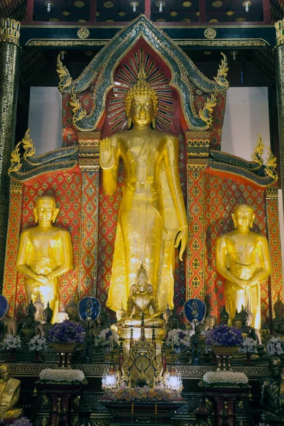 Gyllene stående Buddha i Viharn i Wat Suan Duak., Thailand. — Stockfoto