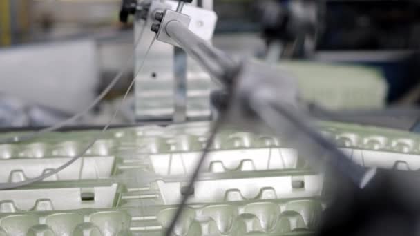 使い捨て食品パッケージウェア製造工場 卵コンテナ生産ライン 高性能自動機械の研究 機械はスーパーマーケットで販売するための卵の梱包を作成します — ストック動画
