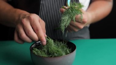 the dill is finely cut off and placed in a bowl.France.fresh dill is carefully cut into small pieces and placed on a plate. chef of a French restaurant. kitchen. Slow motion