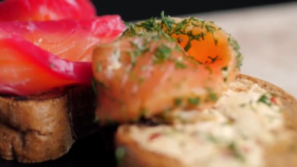 Bright Juicy Bruschetta Red Fish Greens Delicious Red Fish Beautifully — Video Stock