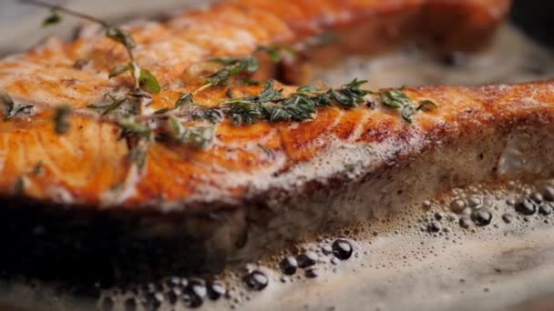 Salmon Fried Pan Chef Restaurant Food Butter Bubbles Nicely Fish — Stock Video