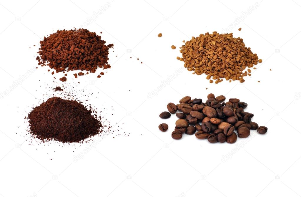 different types of coffee, isolated on white background
