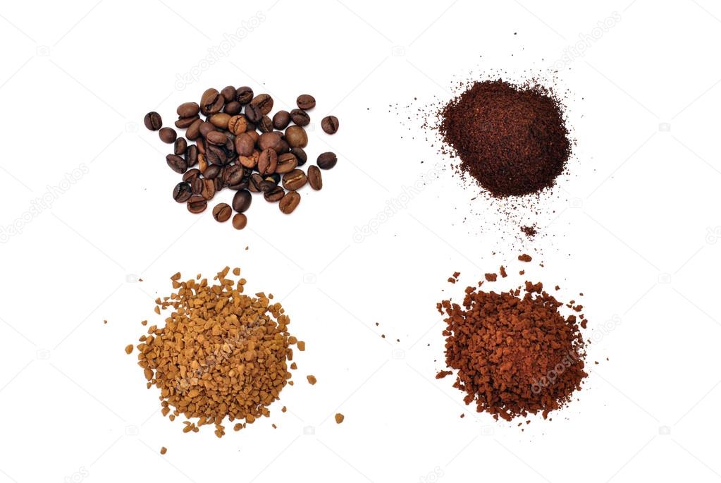 different types of coffee, isolated on white background