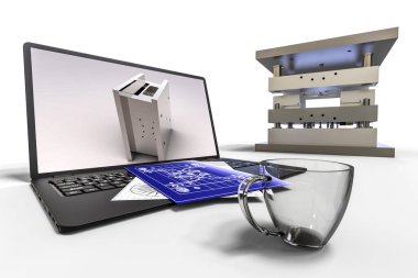 CAD geliştirme sürecini temsil eden 3B görüntüleme kalıbı, levha metali veya parçayı, montajı 