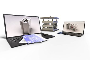 CAD geliştirme sürecini temsil eden 3B görüntüleme kalıbı, levha metali veya parçayı, montajı 