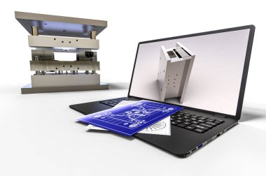 CAD geliştirme sürecini temsil eden 3B görüntüleme kalıbı, levha metali veya parçayı, montajı 