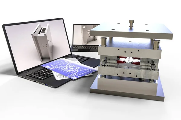 CAD geliştirme sürecini temsil eden 3B görüntüleme kalıbı, levha metali veya parçayı, montajı 