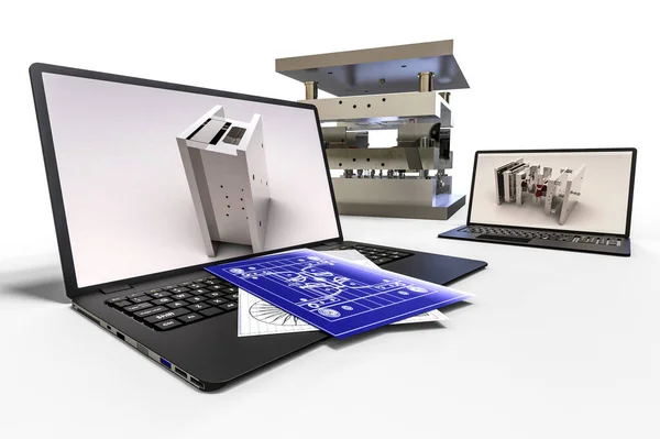 CAD geliştirme sürecini temsil eden 3B görüntüleme kalıbı, levha metali veya parçayı, montajı 