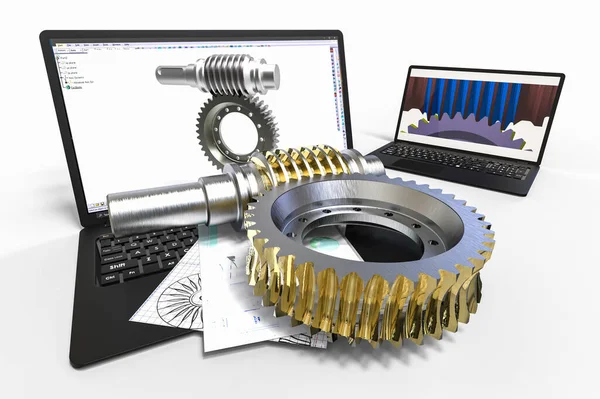 CAD yardımıyla tasarlanmış bir dişli mekanizmasını temsil eden 3B görüntüleme