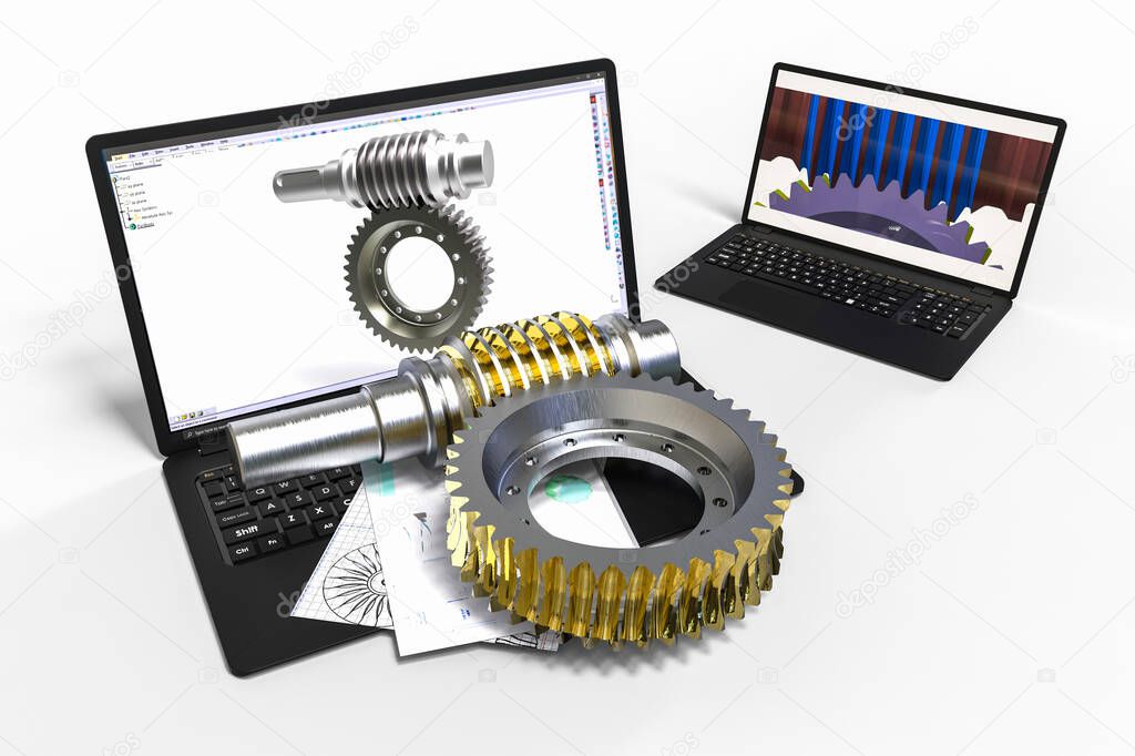 3D render image representing a gear mechanism designed with the help of CAD