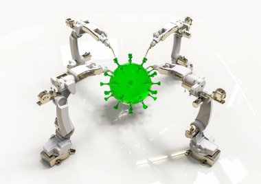 Robotlar ve bilgisayarlar tarafından manipüle edilen bir virüsü temsil eden 3D görüntüleme