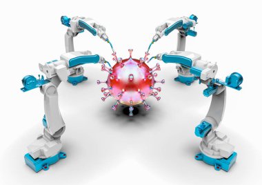 Robotlar ve bilgisayarlar tarafından manipüle edilen bir virüsü temsil eden 3D görüntüleme