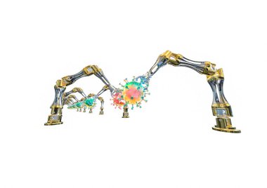 Yapay zeka robotları tarafından manipüle edilen bir korona virüs hücresini temsil eden 3D görüntüleme