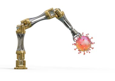 Yapay zeka robotları tarafından manipüle edilen bir korona virüs hücresini temsil eden 3D görüntüleme