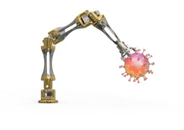 Yapay zeka robotları tarafından manipüle edilen bir korona virüs hücresini temsil eden 3D görüntüleme