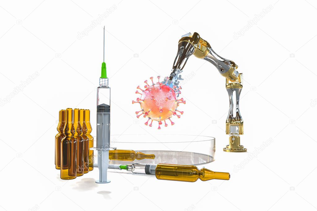 3D render image representing corona virus cells with vaccine and ampule 