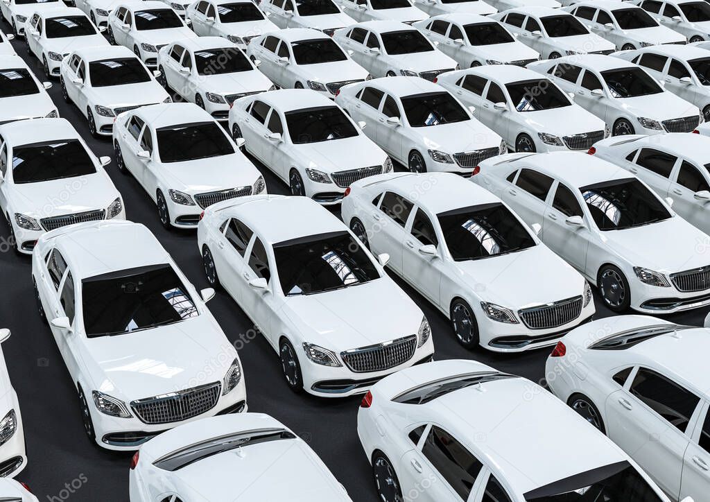 3D render image representing a fleet of white luxury cars arranged in pattern 