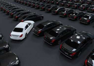 Benzersiz bir konsepti temsil eden farklı renklerde bir filo lüks arabanın 3 boyutlu görüntüsü 