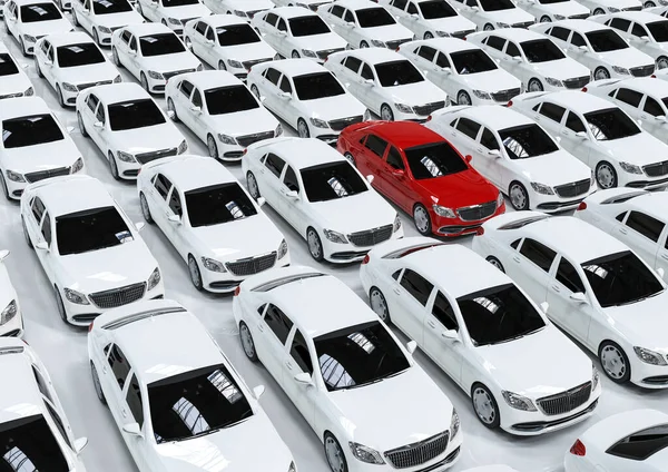 Benzersiz bir konsepti temsil eden farklı renklerde bir filo lüks arabanın 3 boyutlu görüntüsü 