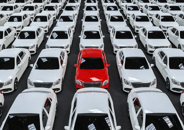 Benzersiz bir konsepti temsil eden farklı renklerde bir filo lüks arabanın 3 boyutlu görüntüsü 