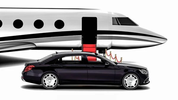 リムジンと高級旅行を代表するプライベートジェットの3Dレンダリングイメージ — ストック写真