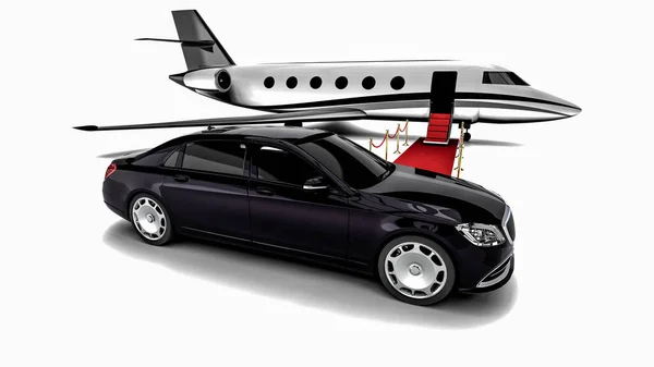 Bir limuzin ve yüksek sınıf seyahati temsil eden özel bir jetin 3 boyutlu görüntüsü 