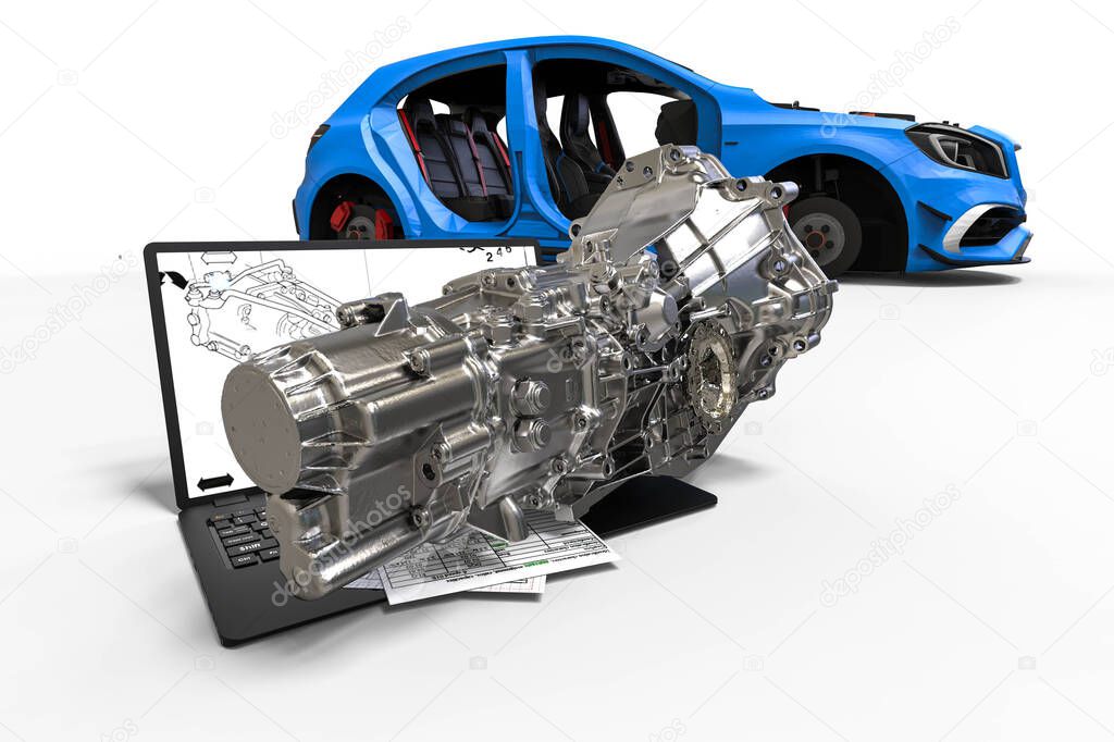3D render image of a computer and automotive parts representing auto repair or car service 