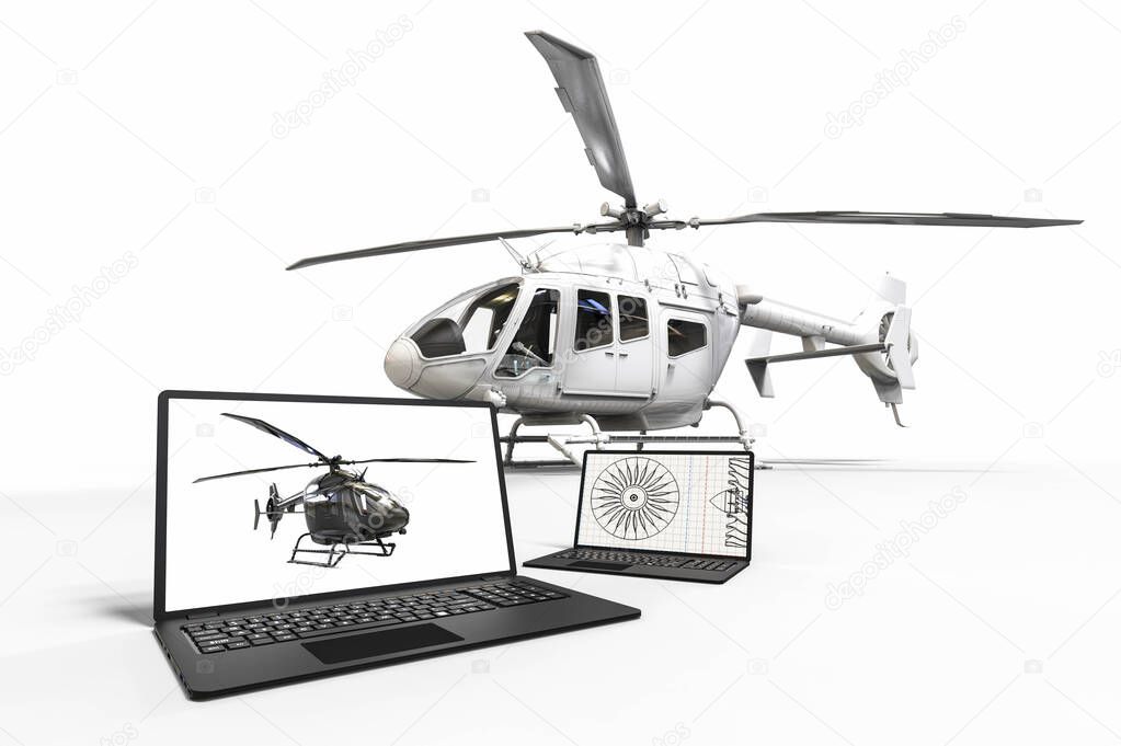 3D render image representing a helicopter design with the help of CAD