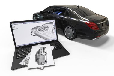 CAD yardımıyla bir arabanın gelişimini temsil eden ağ dokusuna sahip bir arabanın 3B görüntüsü