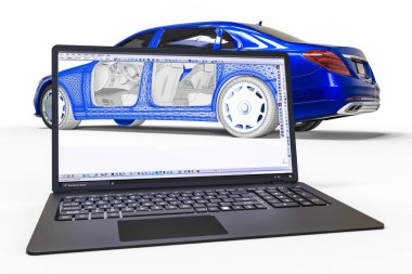 CAD yardımıyla bir arabanın gelişimini temsil eden ağ dokusuna sahip bir arabanın 3B görüntüsü
