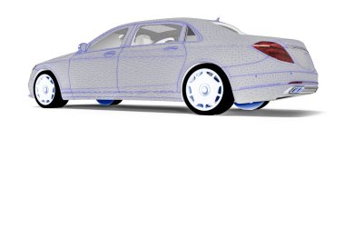 CAD yardımıyla bir arabanın gelişimini temsil eden ağ dokusuna sahip bir arabanın 3B görüntüsü