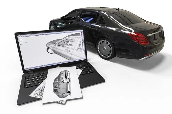 Obraz Samochodu Teksturą Siatki Przedstawiającą Rozwój Samochodu Pomocą Cad — Zdjęcie stockowe