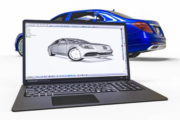 CAD yardımıyla bir arabanın gelişimini temsil eden ağ dokusuna sahip bir arabanın 3B görüntüsü