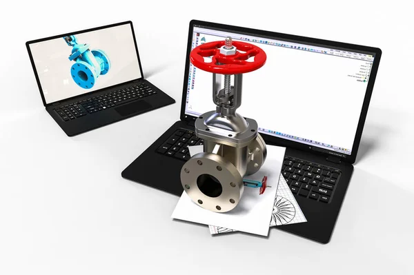 Mühendisler için bilgisayar destekli tasarımı temsil eden üç boyutlu bir valf ve iki dizüstü bilgisayar görüntüsü 