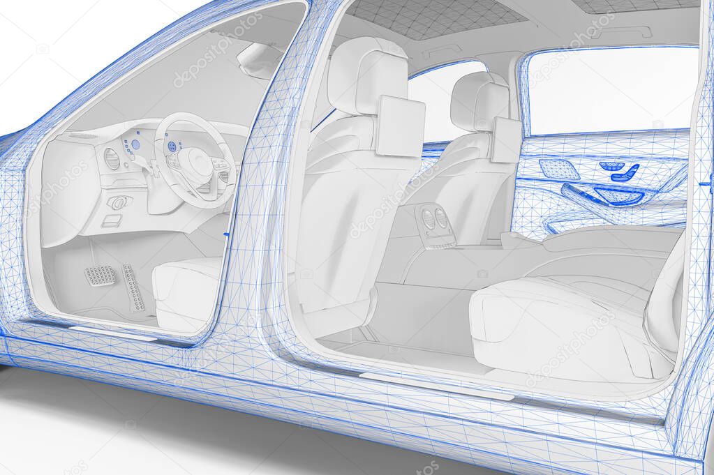 3D render image of a car interior representing computer aided design for automotive industry