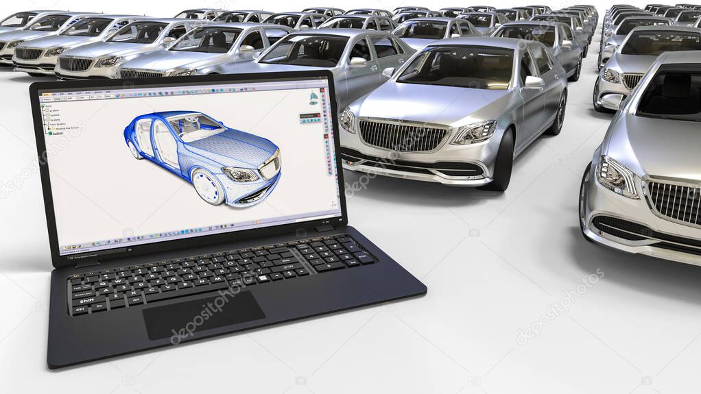 3D render image of a fleet of cars and a laptop with a CAD software on the desktop representing computer aided design