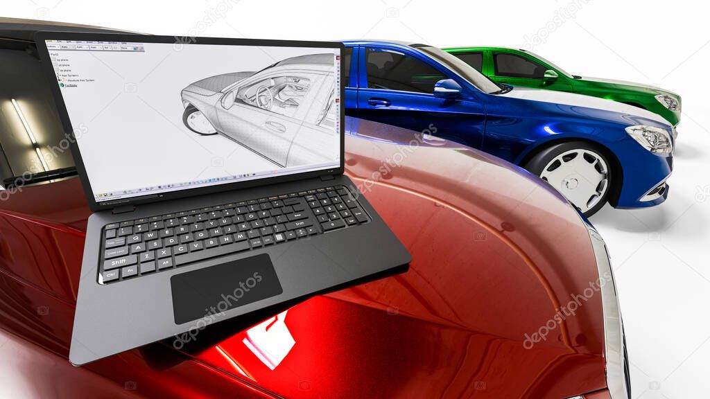 3D render image of a fleet of cars and a laptop with a CAD software on the desktop representing computer aided design