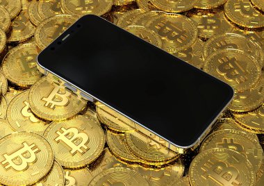 Üzerinde telefon olan bir yığın kripto sikkeyi temsil eden 3D görüntüleme