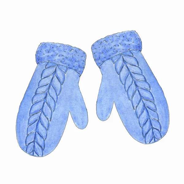 Watercolor illustration of blue knitted mittens.winter clip art — Stock Photo, Image