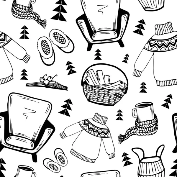 Cozy home.vector seamless pattern in Scandinavian style.contour Doodle clip art — Stock Vector