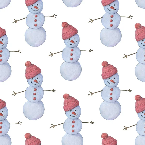 Akvarell zökkenőmentes minta aranyos rajzfilm hóemberek.Karácsonyi minta csomagolópapír, képeslapok, textíliák — Stock Fotó
