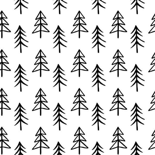Árvores de abeto engraçado sem costura padrão em estilo escandinavo. Doodle árvore mão desenhada — Vetor de Stock