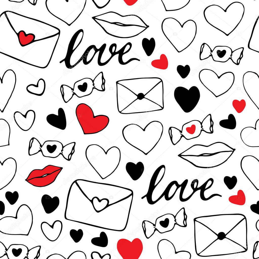 valentines day vector seamless pattern. Hearts, lips, candy, love letters, Love