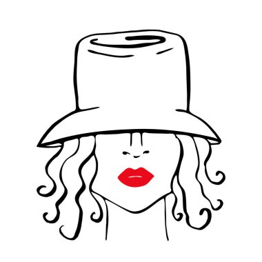 Şapkalı ve kırmızı dudaklı bir kız. El çizimi, bir kadın portresi.